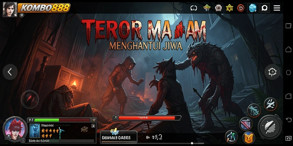 Screenshot gameplay mencekam dari KOMBO88 yang memperlihatkan suasana menyeramkan.