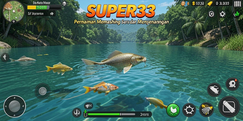 Screenshot SUPER33 menampilkan pemain menangkap ikan di lokasi yang indah.